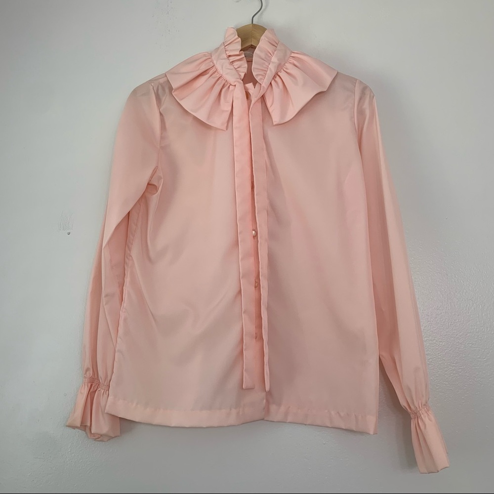 Vintage 70s Union Made Pink Ruffle Collar Romantic Sleeve Button Up Blouse Top